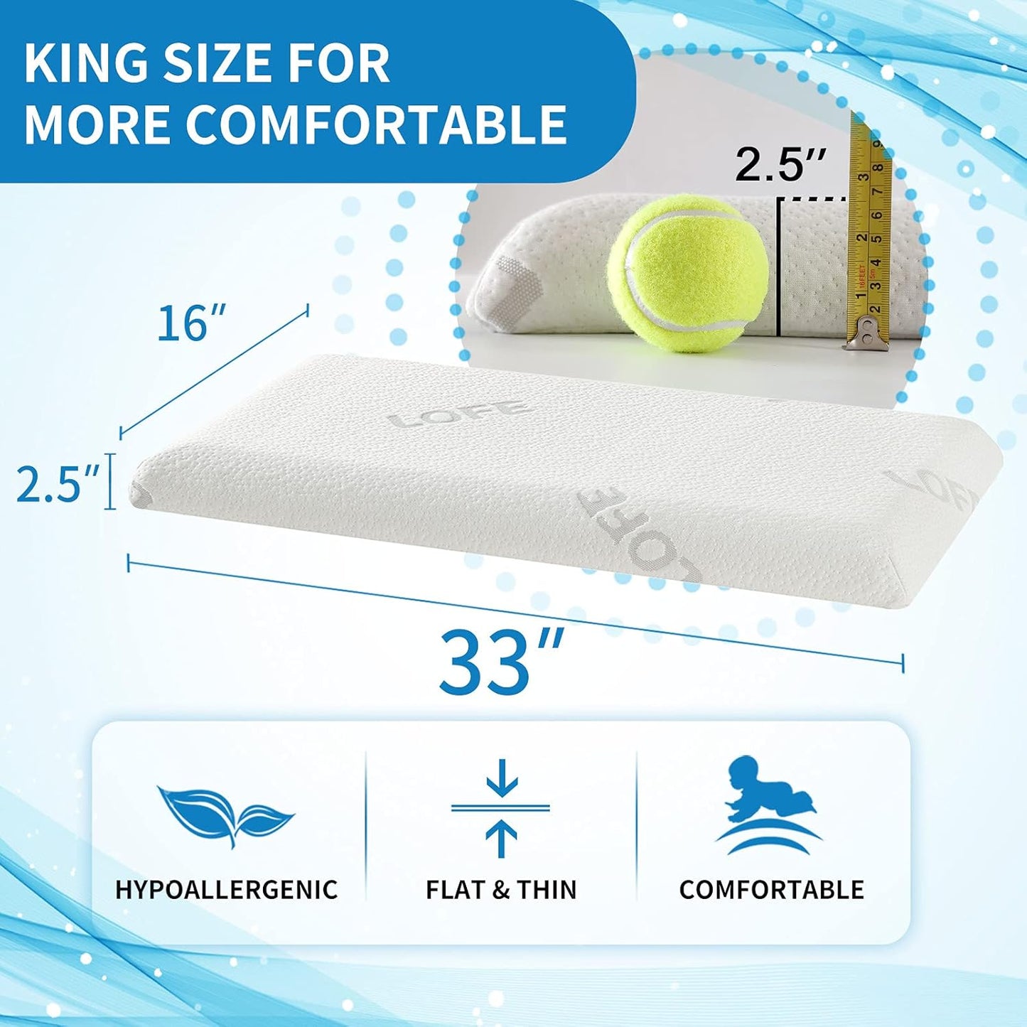 2.5-Inch Thin Memory Foam Pillow for Stomach Sleepers - King Size Hypoallergenic Flat Pillow with Dual Pillowcases for Enhanced Spinal Support and Breathing Comfort