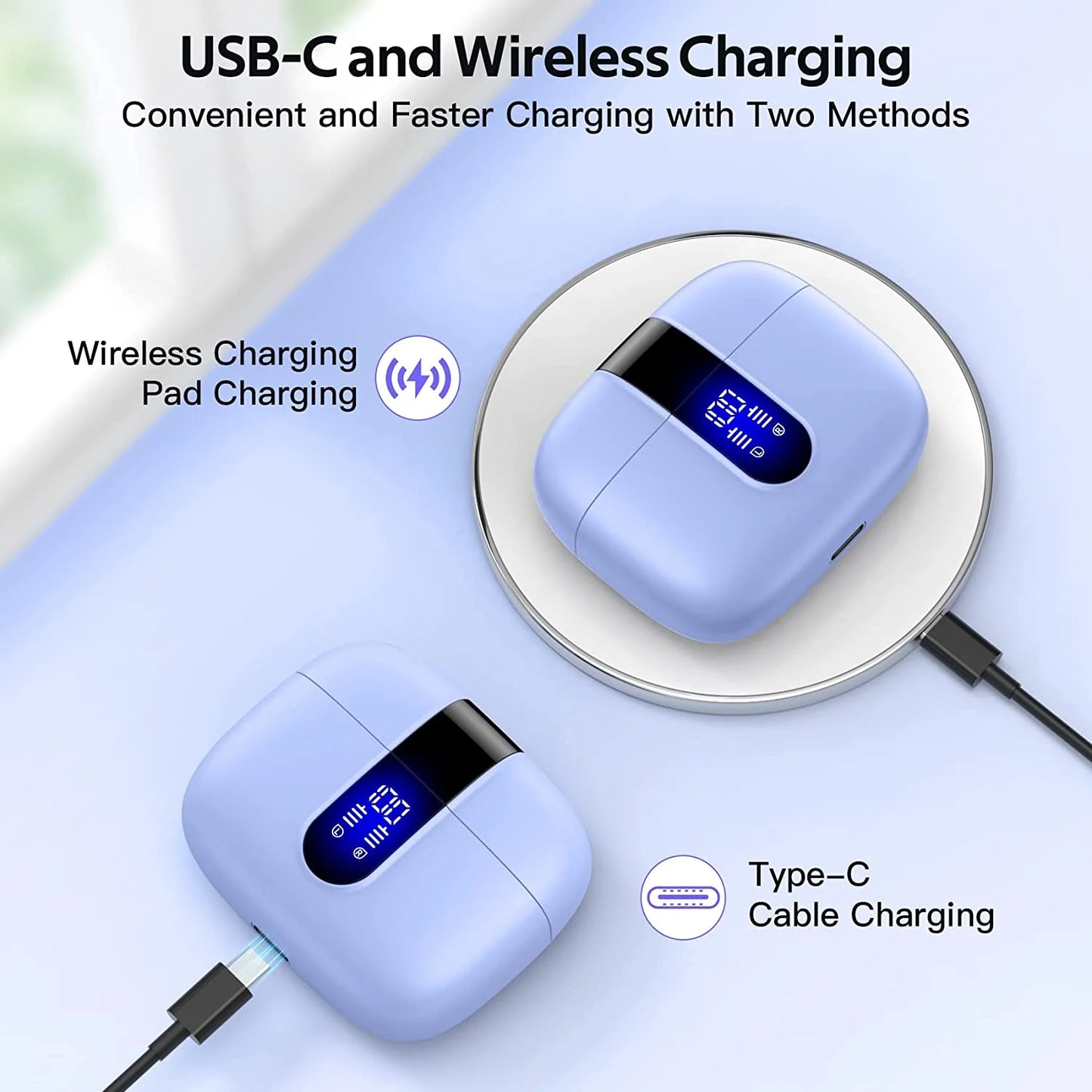 True Wireless Bluetooth Earbuds with 60 Hours Playback, LED Power Display, IPX5 Waterproof, Wireless Charging Case, and Built-in Microphone for TV, Smartphone, Laptop, and Sports
