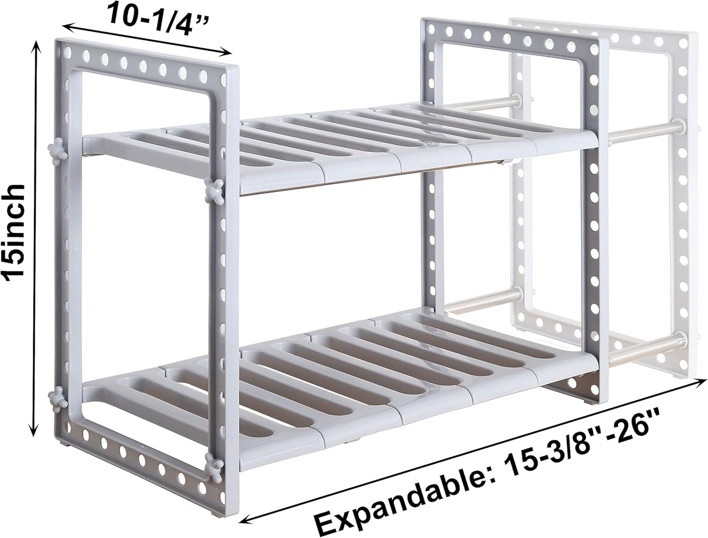 under Sink Expandable Shelf Organizer Rack, 2-Tier Adjustable Storage Shelves(Expands 15-3/8 to 26Inches, Grey)