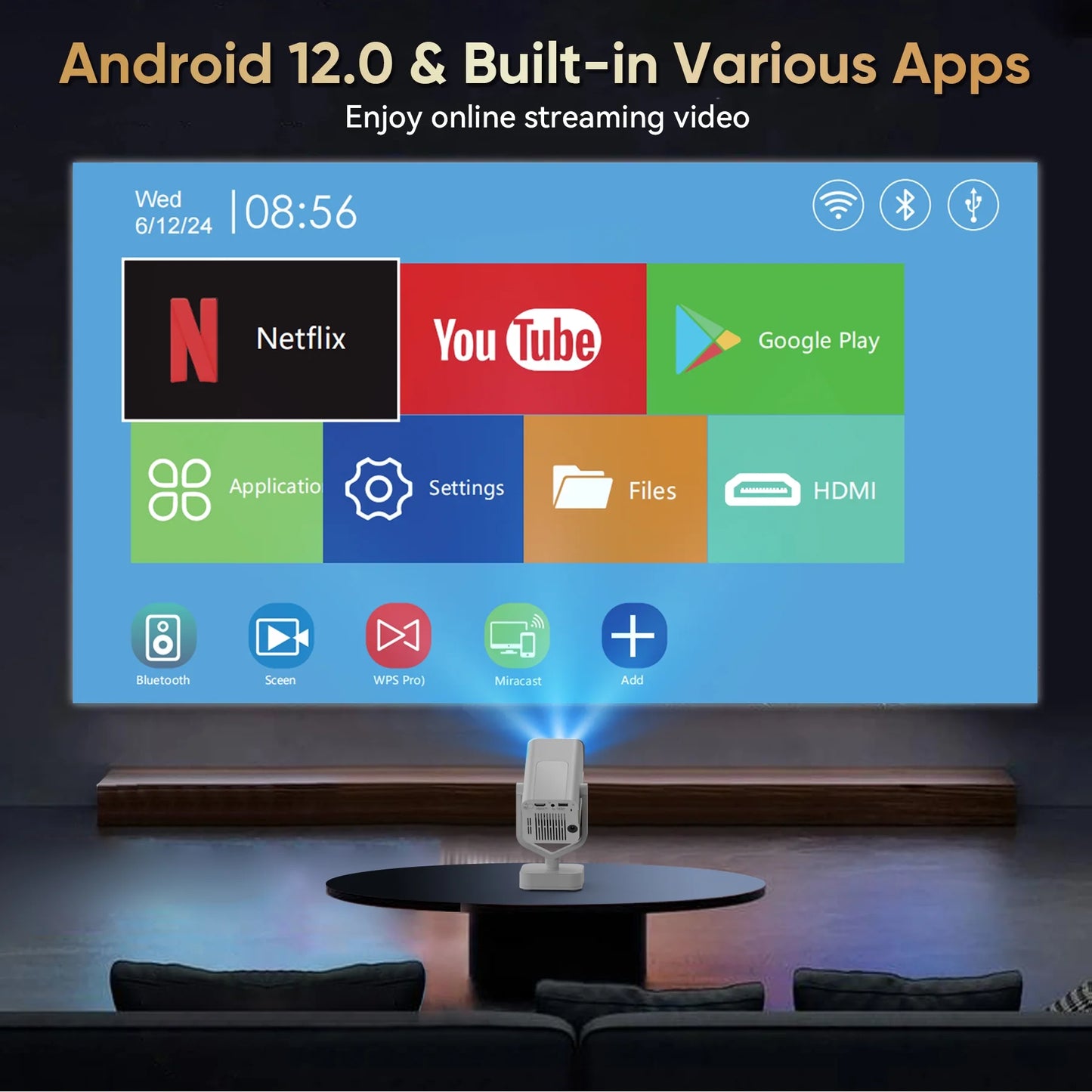 Mini Projector with Built-In Apps, WiFi and Bluetooth Connectivity, HD 1080P Video, and Android Operating System
