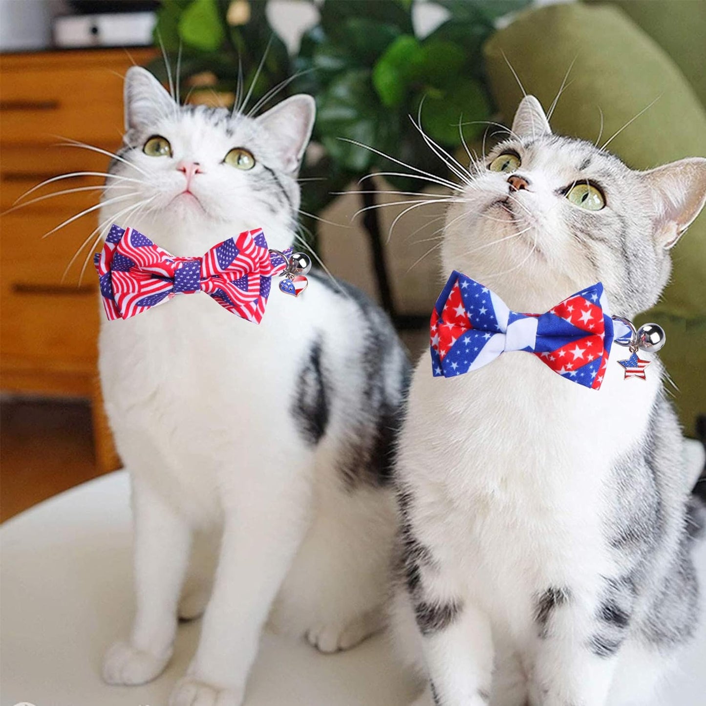2 Pack 4Th of July Cat Collars with Bow Tie Bell, Breakaway Adjustable Red White and Blue USA Flag Star Cat Kitten Collars with Bowtie Bell for Cats Kittens (USA Flag & Star)