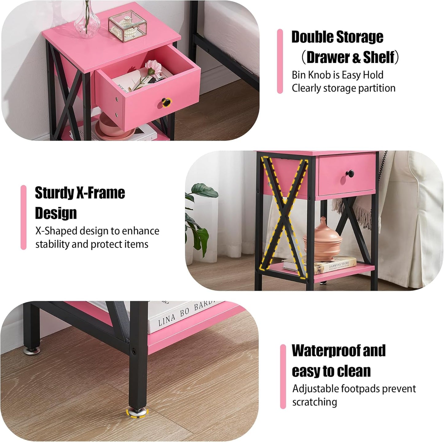 X-Design Nightstands with Drawer and Storage Shelf, Classic Pink, Set of 2 for Living Room and Bedroom