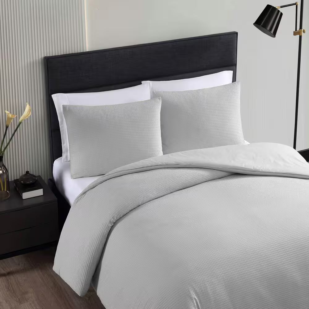 Waffle Pique 3-Piece Grey Solid Cotton Queen Comforter Set