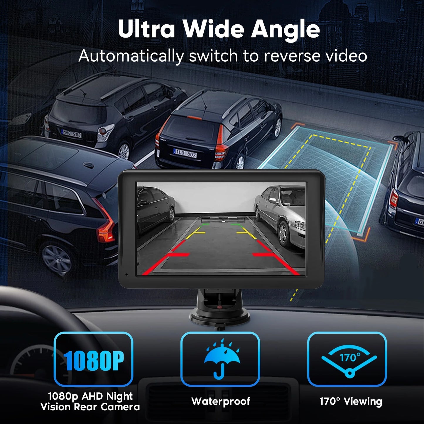 Portable 7-Inch Wireless Apple CarPlay Car Stereo with 1080P Rear Camera for Universal Vehicle GPS