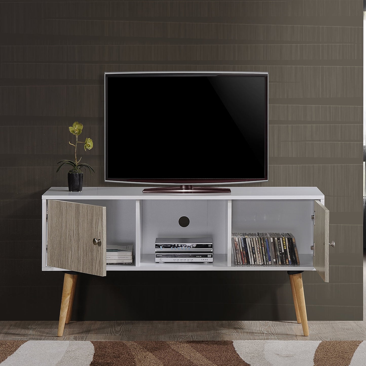Import HITV435 Retro TV Stand with Storage Cabinets in White and Gray
