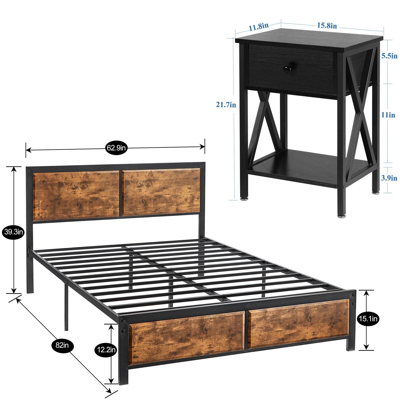 Transitional 3-Piece Queen Bedroom Set in Black and Rustic Brown Wood