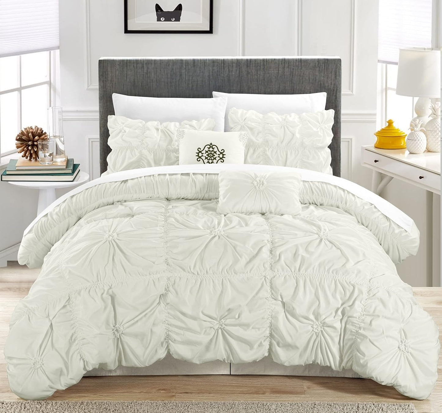 Halpert King Size 6-Piece White Bed in a Bag Comforter Set with Pintuck Pinch Pleat Microfiber Bedding, Including Shams, Bed Skirt, Flat & Fitted Sheets, Pillowcases, and Decorative Pillows