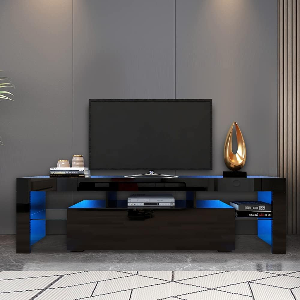 High Gloss Black TV Stand with 2 Storage Compartments and 3 Open Shelves for 50 to 70 Inch TVs - Modern Entertainment Center and Media Console