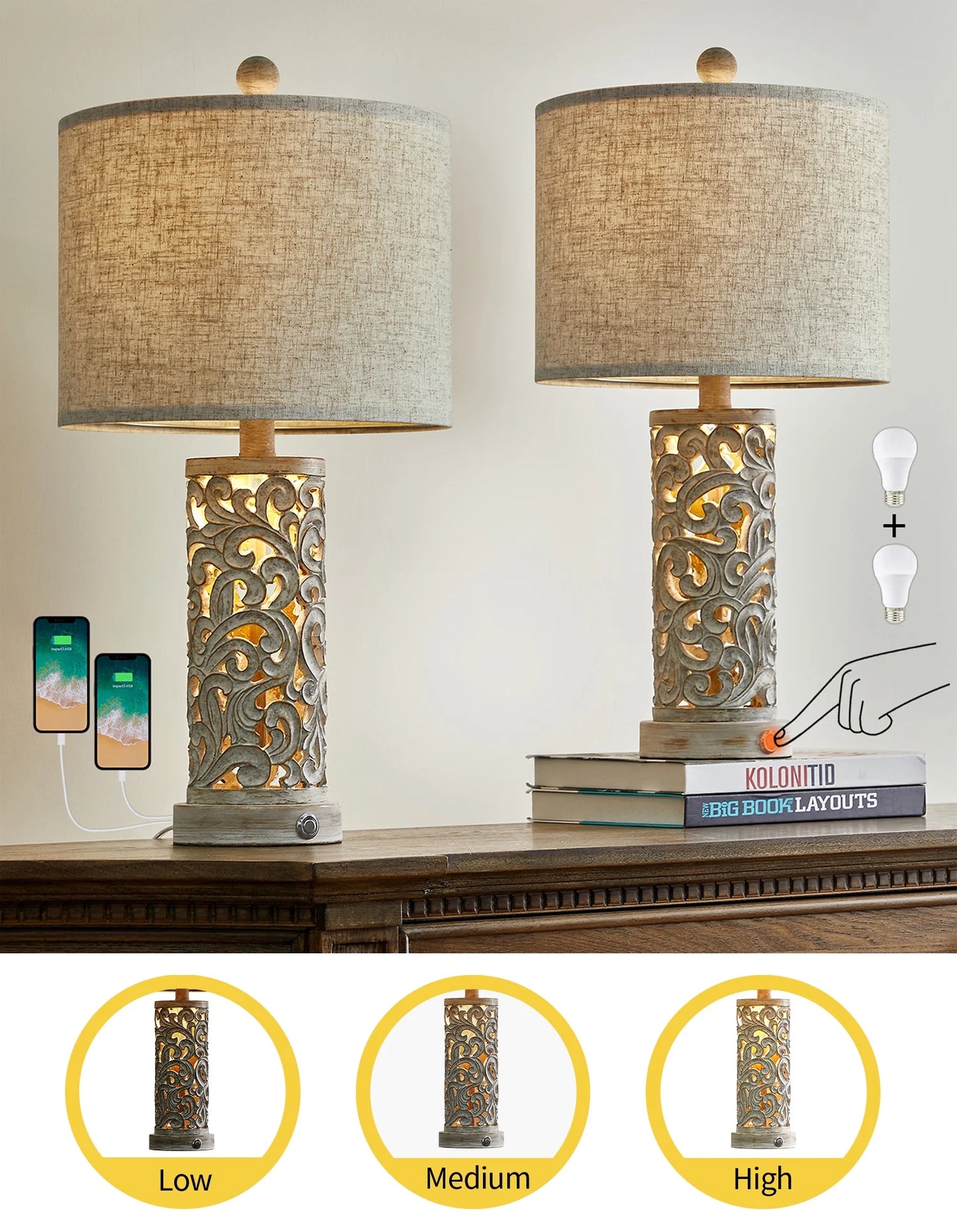 Set of 2 Dimmable 22" Farmhouse Touch Table Lamps with USB Ports for Living Room and Bedroom (Bulbs Included)