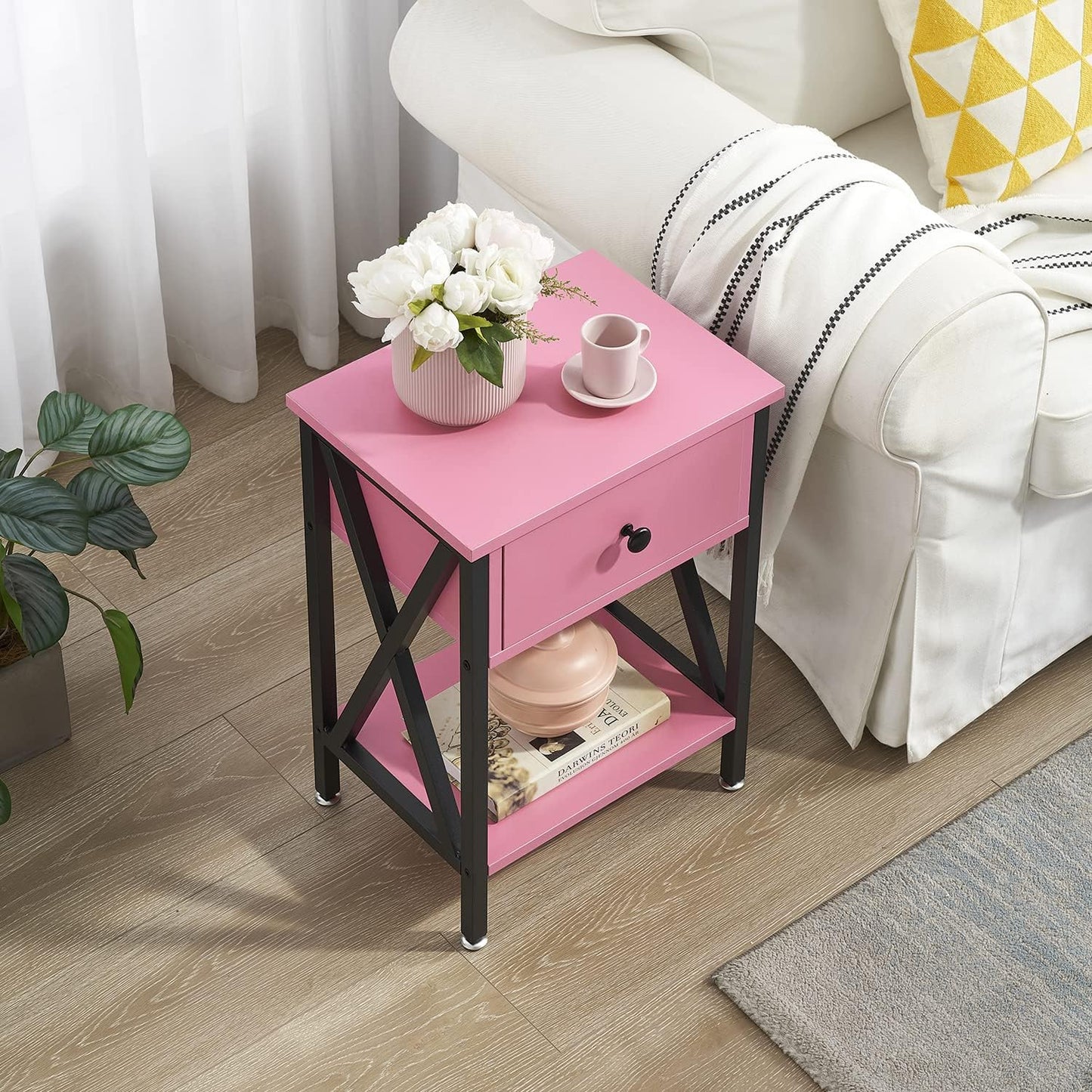 X-Design Nightstands with Drawer and Storage Shelf, Classic Pink, Set of 2 for Living Room and Bedroom
