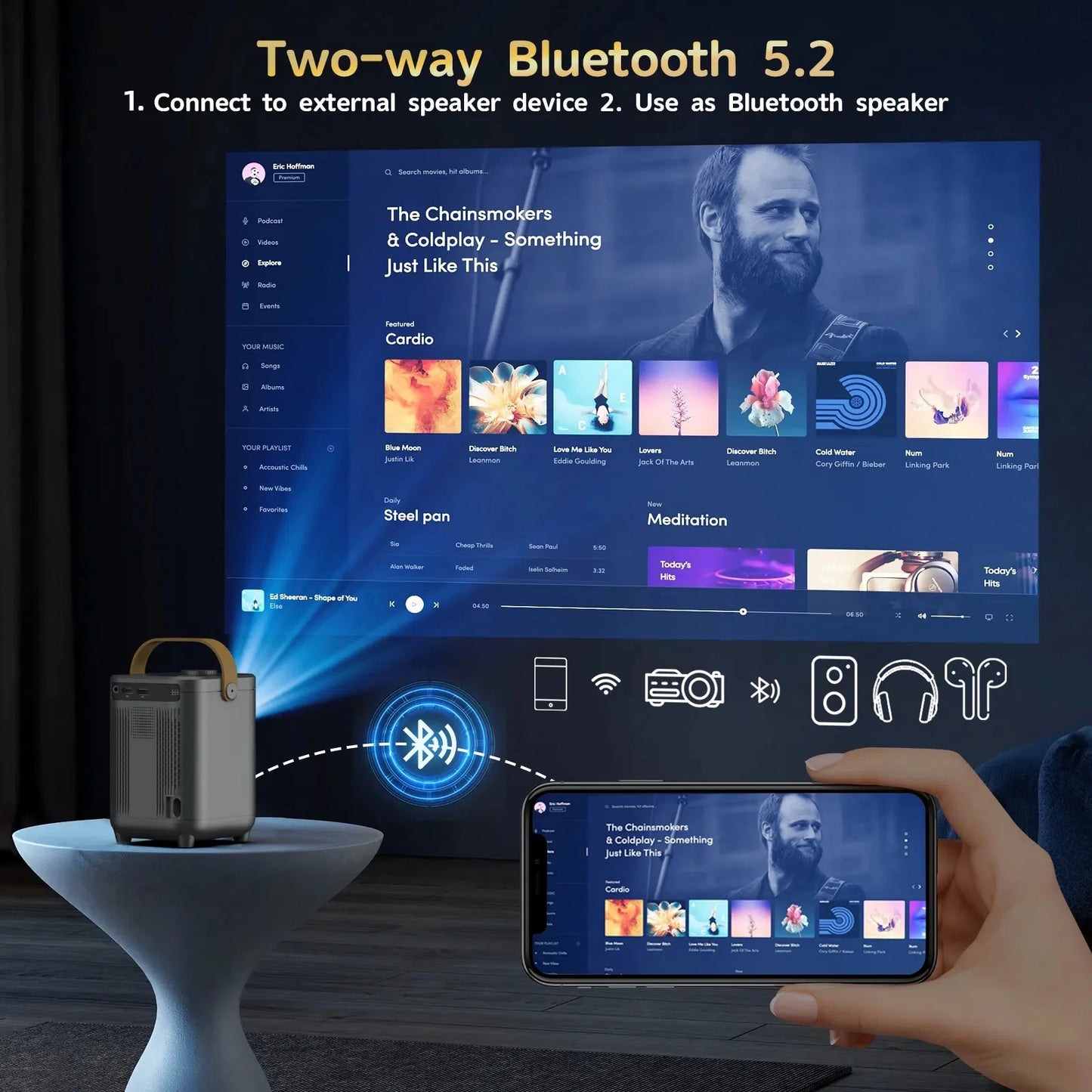 1080P Portable Projector with WiFi and Bluetooth Connectivity