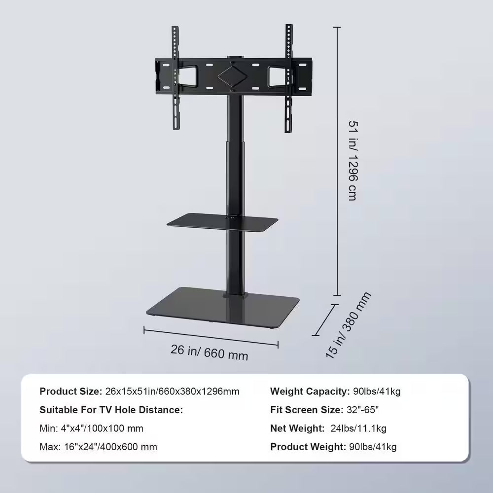 TV Stand Mount, Swivel Tall TV Stand for 32 In. to 65 In. Tvs, Height Adjustable Portable Floor TV Stand