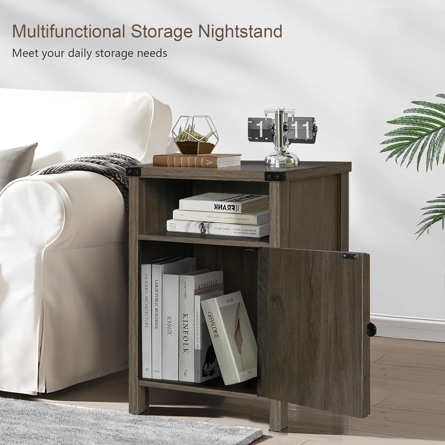 Rustic Nightstand Set of Two, Farmhouse End Tables with Barn Door and Shelf, Gray Wash Finish for Bedroom and Living Room
