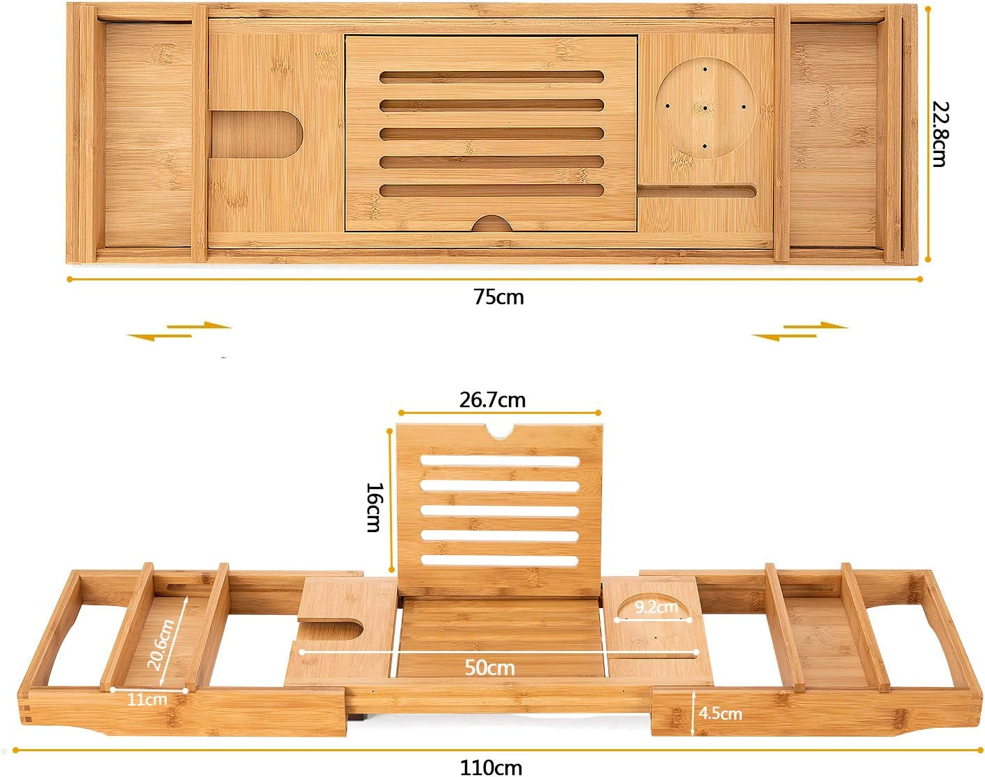 Bamboo Bathtub Caddy Tray Durable, Non-Slip, One or Two Person Bath and Bed Tray, Extending Sides Fits Any Tub, Cellphone and Wineglass Holder, Free Soap Holder -Yellow