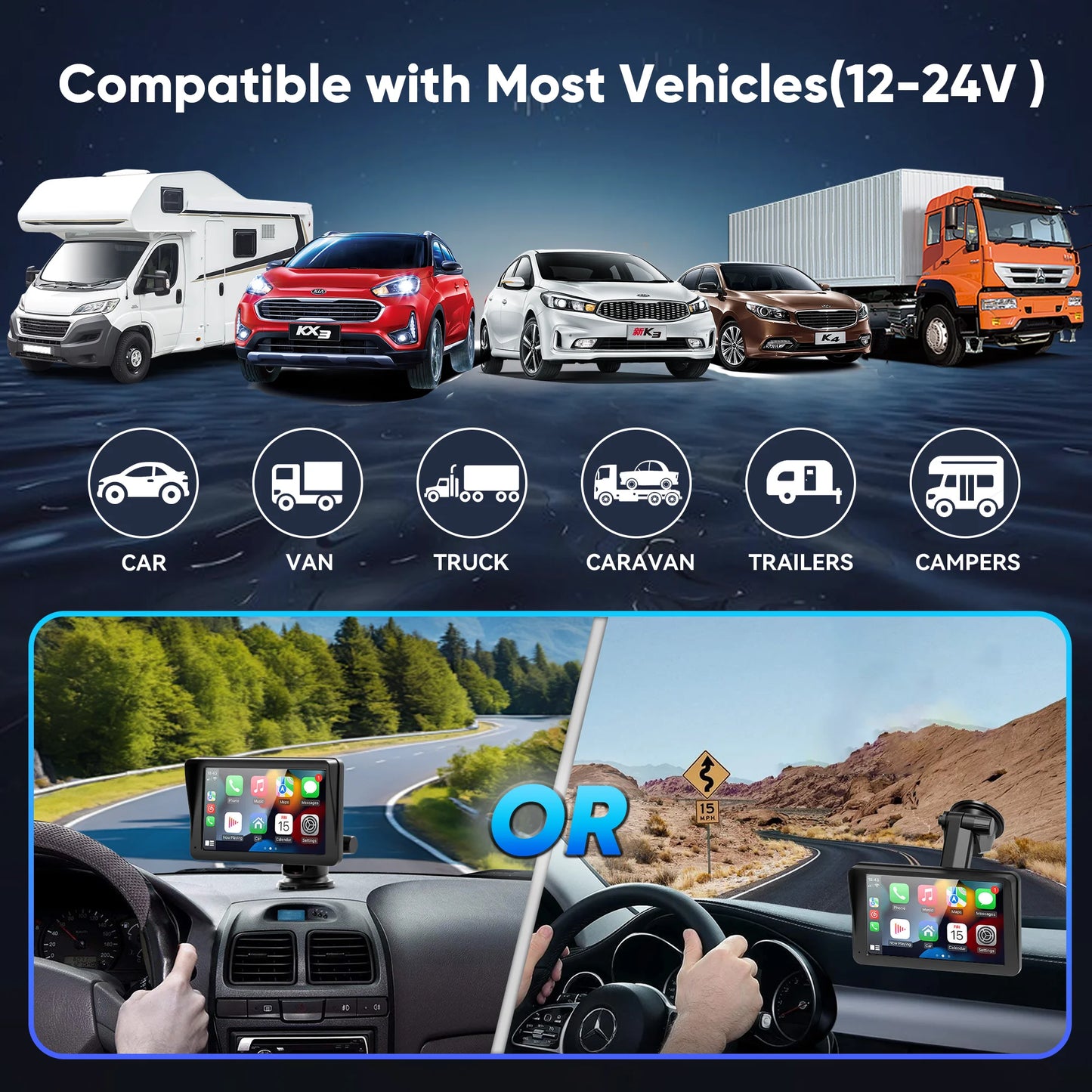 Portable 7-Inch Wireless Apple CarPlay Car Stereo with 1080P Rear Camera for Universal Vehicle GPS