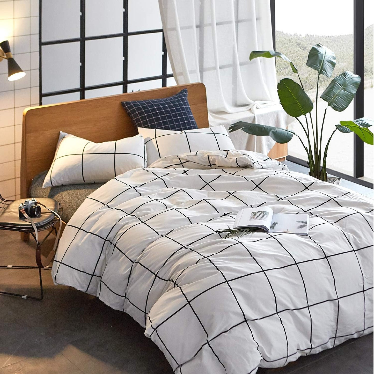 3Pcs Grid White Black Plaid Queen Duvet Cover Bedding Set