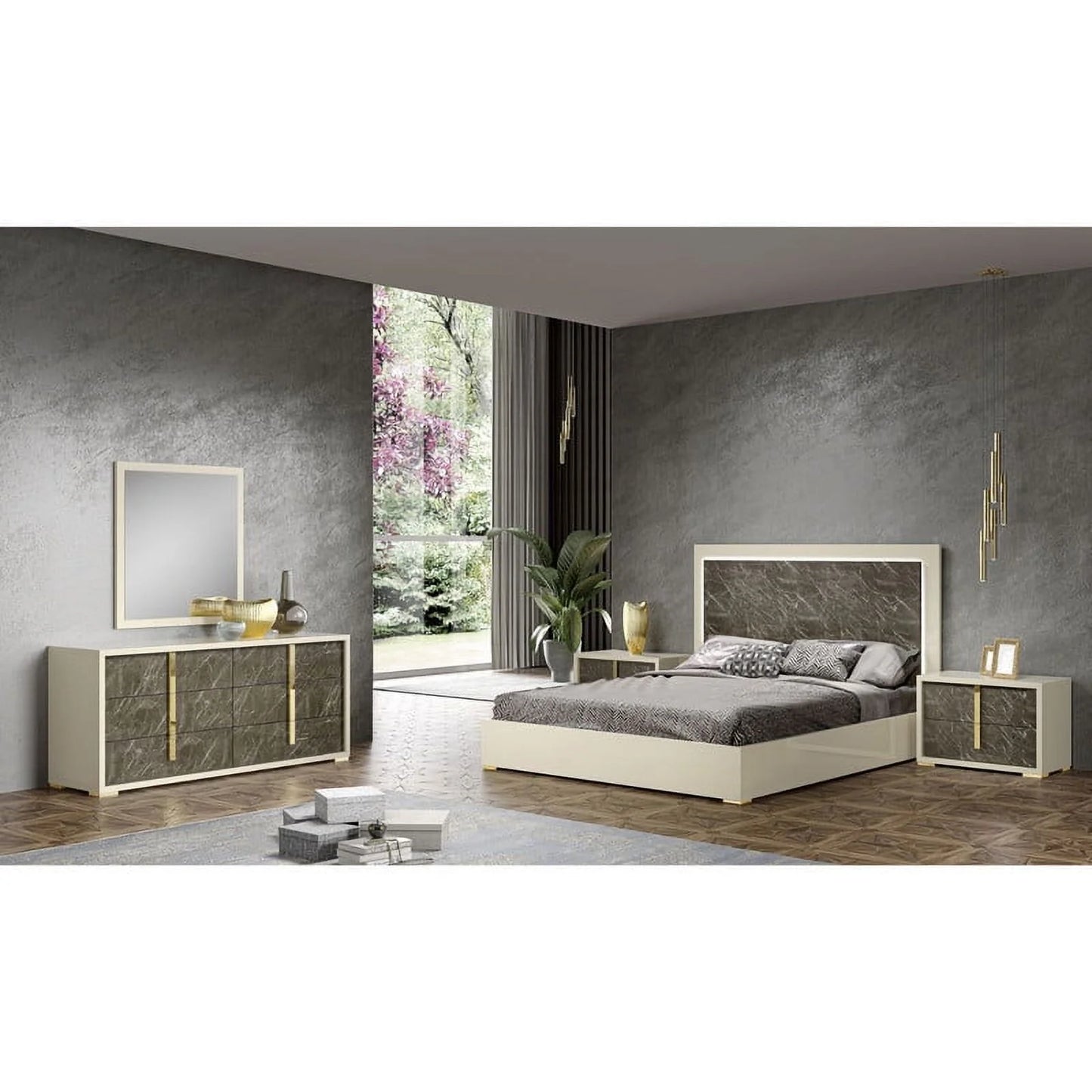 Sonia Premium King Size 5-Piece Bedroom Set in Pearl Lacquer and Gold