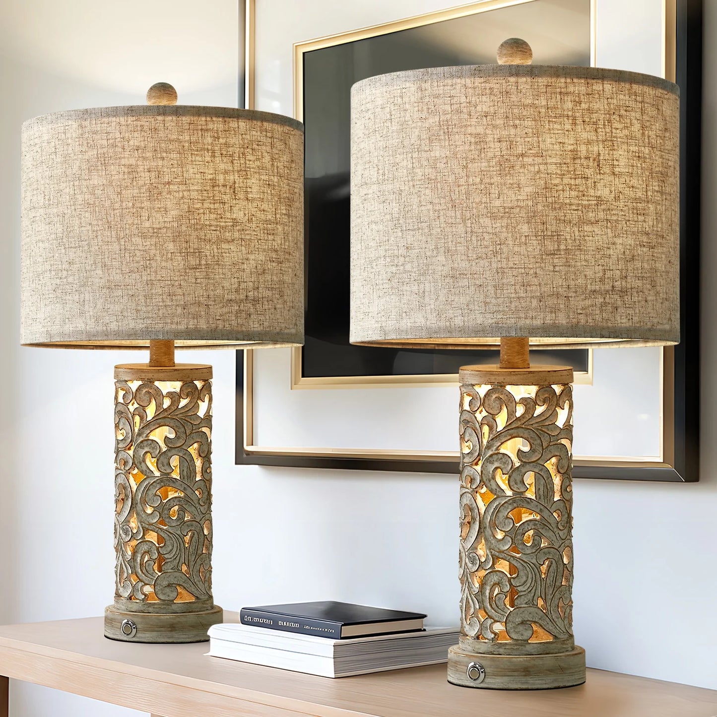Set of 2 Dimmable 22" Farmhouse Touch Table Lamps with USB Ports for Living Room and Bedroom (Bulbs Included)