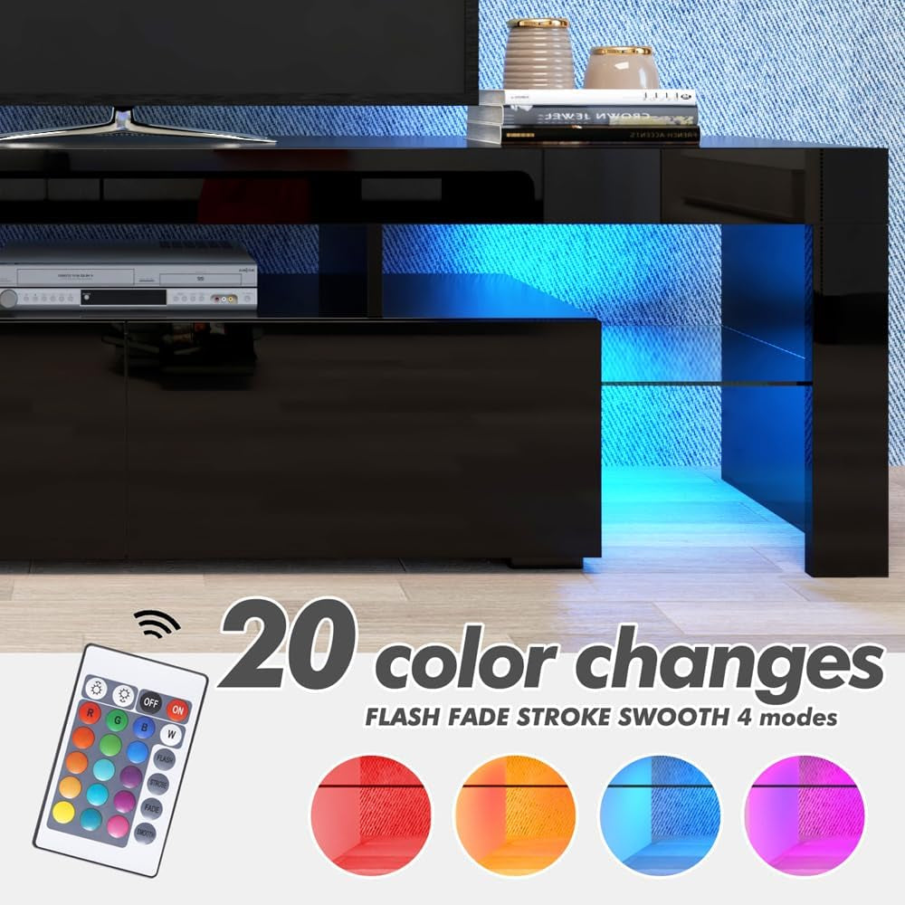 High Gloss Black TV Stand with 2 Storage Compartments and 3 Open Shelves for 50 to 70 Inch TVs - Modern Entertainment Center and Media Console