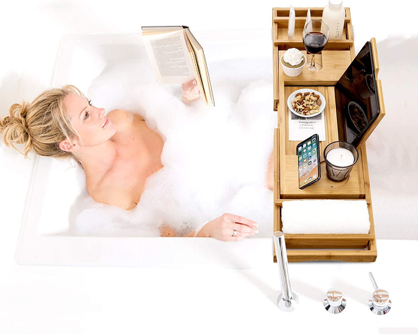 Bamboo Bathtub Caddy Tray Durable, Non-Slip, One or Two Person Bath and Bed Tray, Extending Sides Fits Any Tub, Cellphone and Wineglass Holder, Free Soap Holder -Yellow