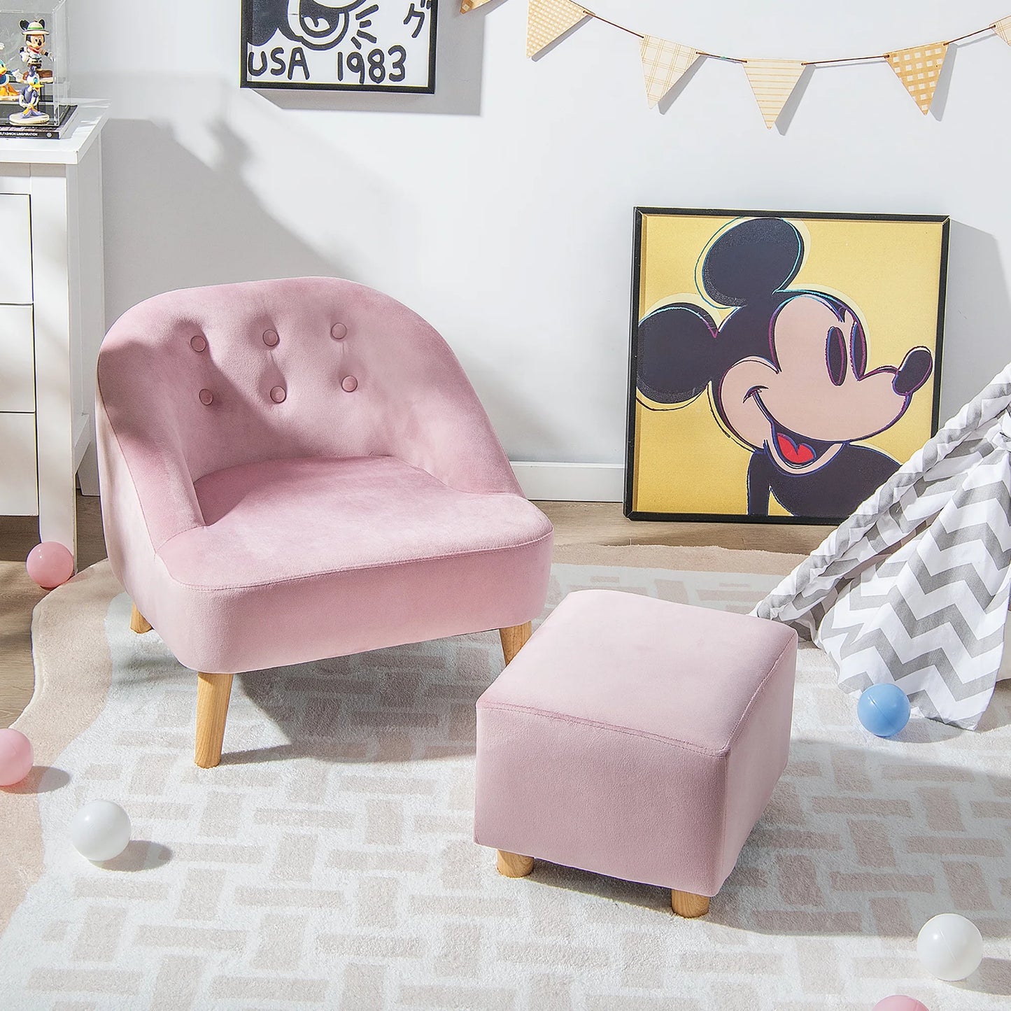 Kids Sofa Chair W/ Ottoman Velvet Upholstered Couch