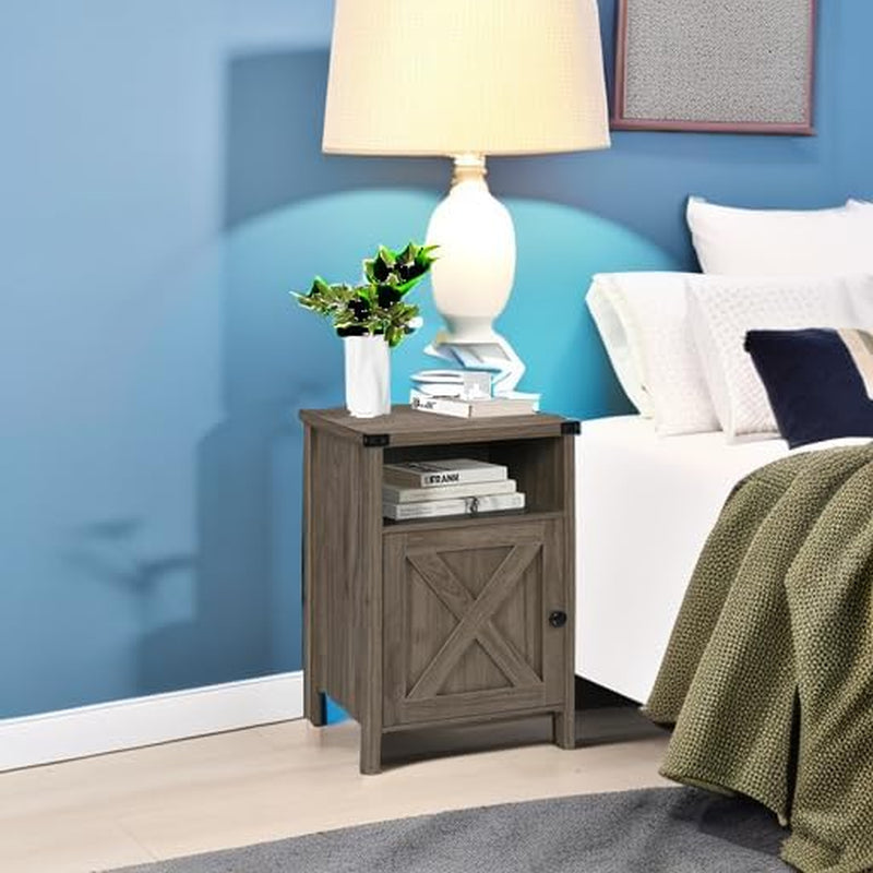 Rustic Nightstand Set of Two, Farmhouse End Tables with Barn Door and Shelf, Gray Wash Finish for Bedroom and Living Room