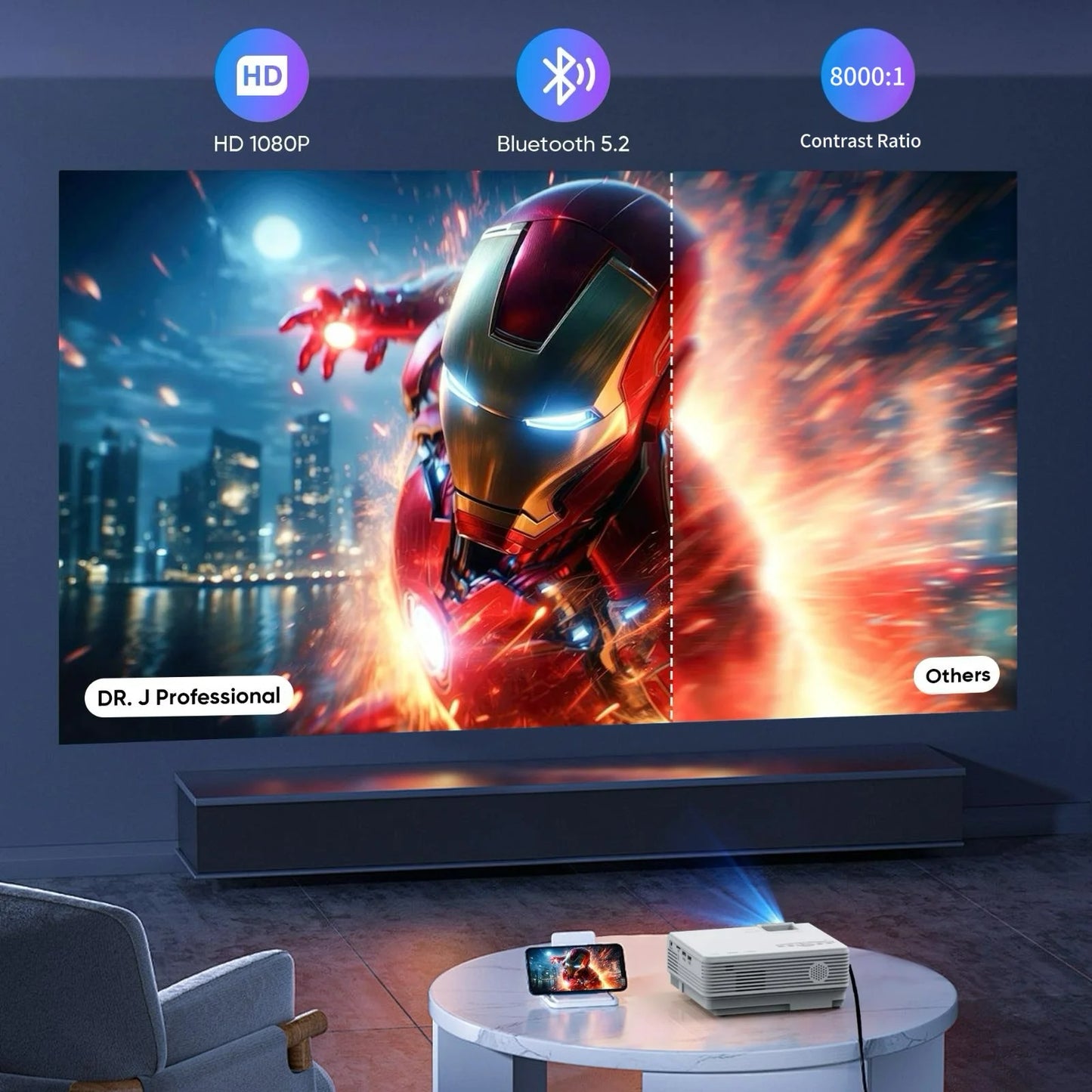 Mini Projector with Bluetooth 5.2 and Screen, 1080P HD Movie Projection, Supports Up to 200" Screen