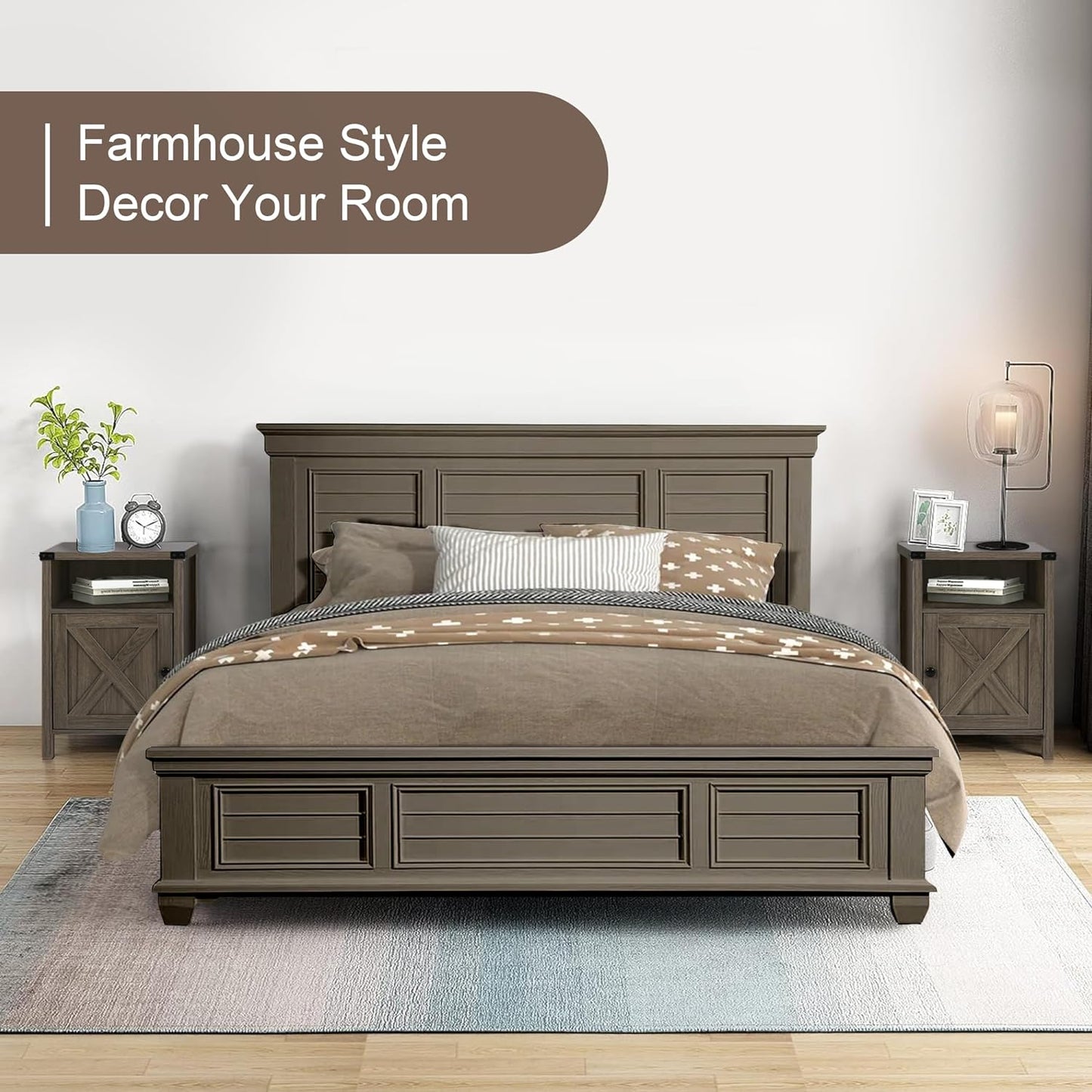 Rustic Nightstand Set of Two, Farmhouse End Tables with Barn Door and Shelf, Gray Wash Finish for Bedroom and Living Room