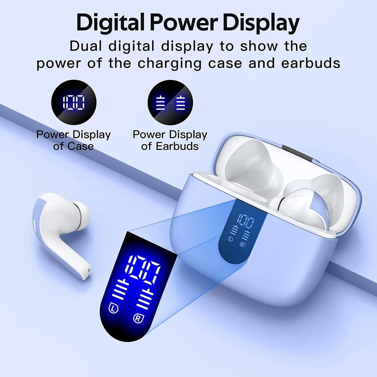 True Wireless Bluetooth Earbuds with 60 Hours Playback, LED Power Display, IPX5 Waterproof, Wireless Charging Case, and Built-in Microphone for TV, Smartphone, Laptop, and Sports