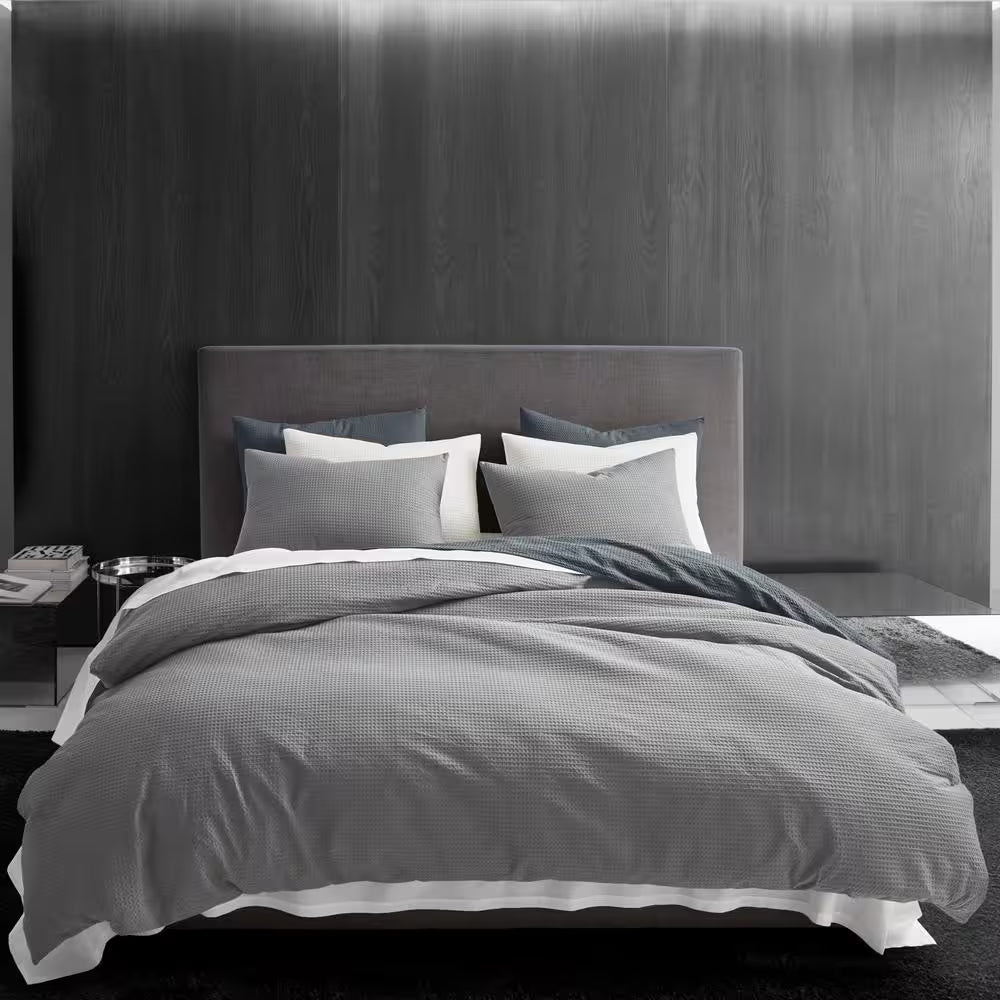Waffle Pique 3-Piece Blue Solid Cotton Queen Duvet Cover Set