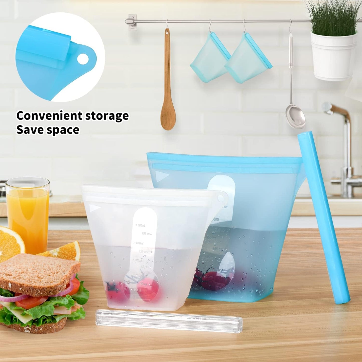 Reusable Silicone Food Storage Bags,Stand up Leakproof Zip Containers,Reusable Sandwich Bags,Non-Toxic,Bpa Free, Dishwasher Safe,Freezer-Safe,Easy to Clean(Set of 5)