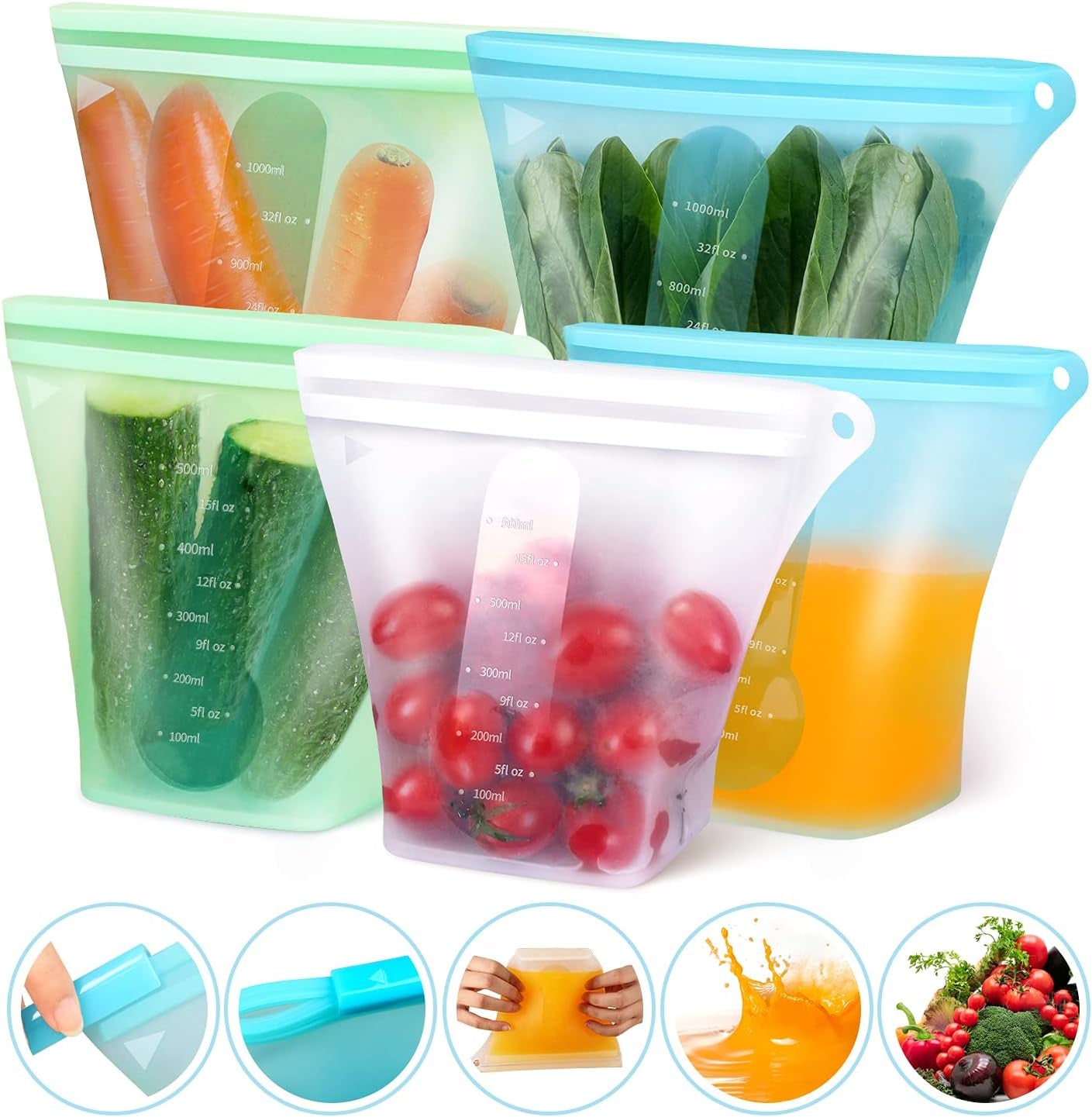 Reusable Silicone Food Storage Bags,Stand up Leakproof Zip Containers,Reusable Sandwich Bags,Non-Toxic,Bpa Free, Dishwasher Safe,Freezer-Safe,Easy to Clean(Set of 5)
