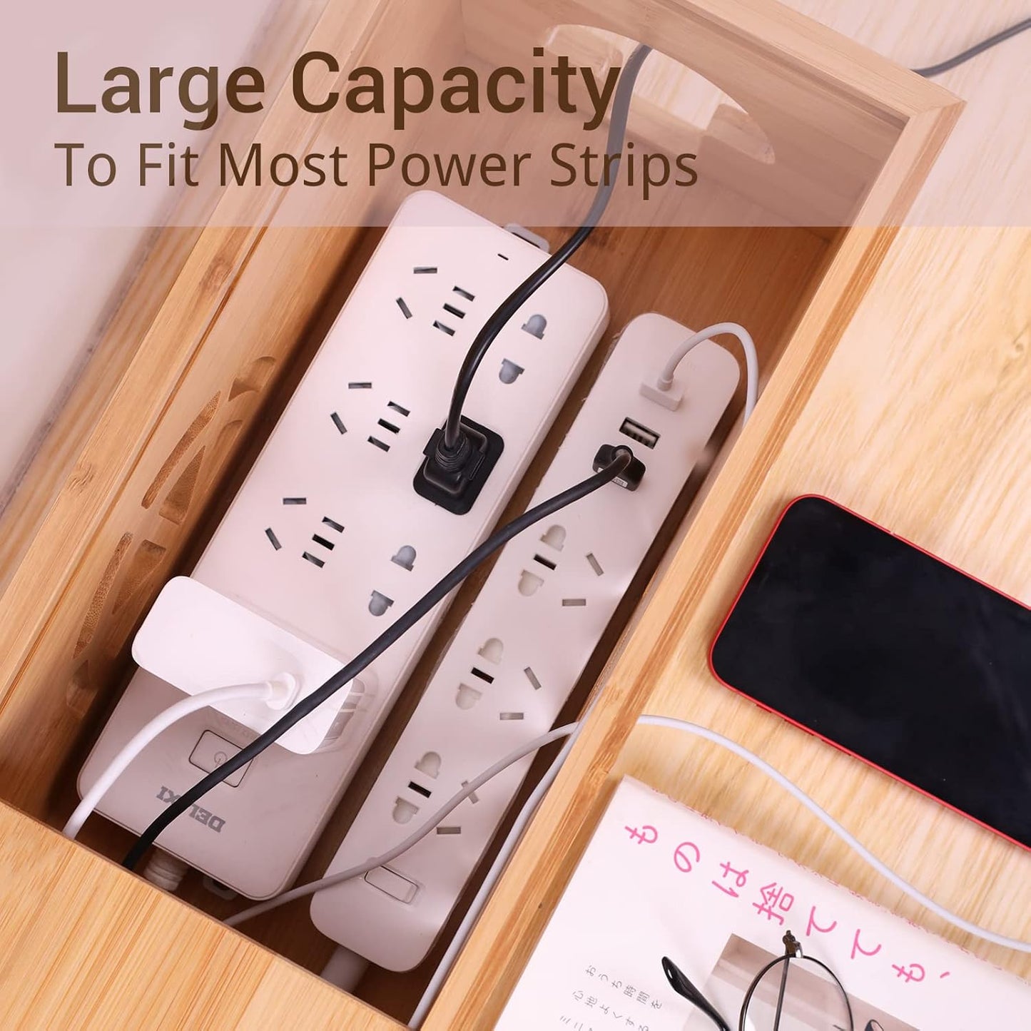 Extra Large Cable Management Box with Lid, Bamboo Cable Box for Cords, Power Strips or Surge Protectors, Hide Loose Wires behind Tvs, Home, Computers, Office Desks by