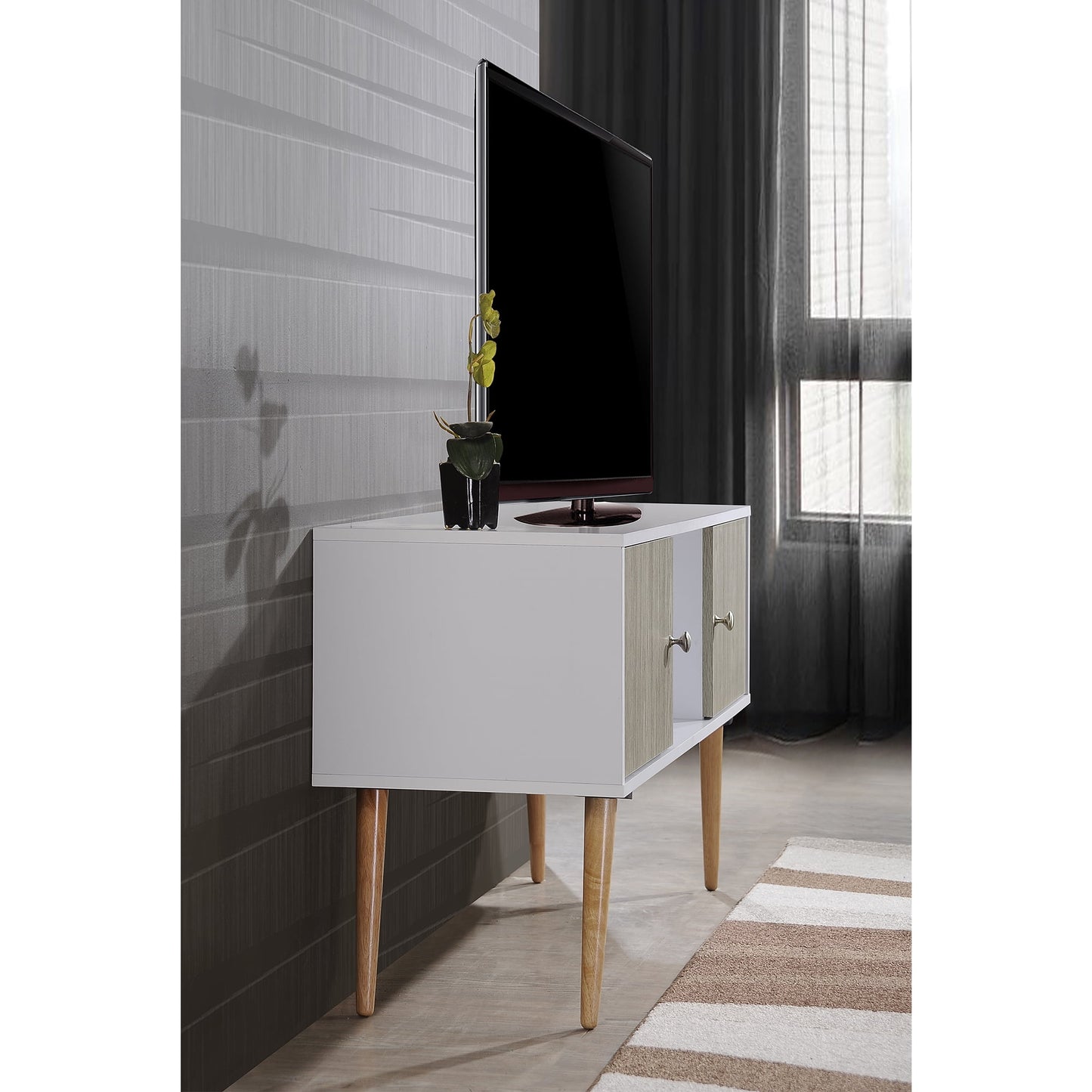 Import HITV435 Retro TV Stand with Storage Cabinets in White and Gray