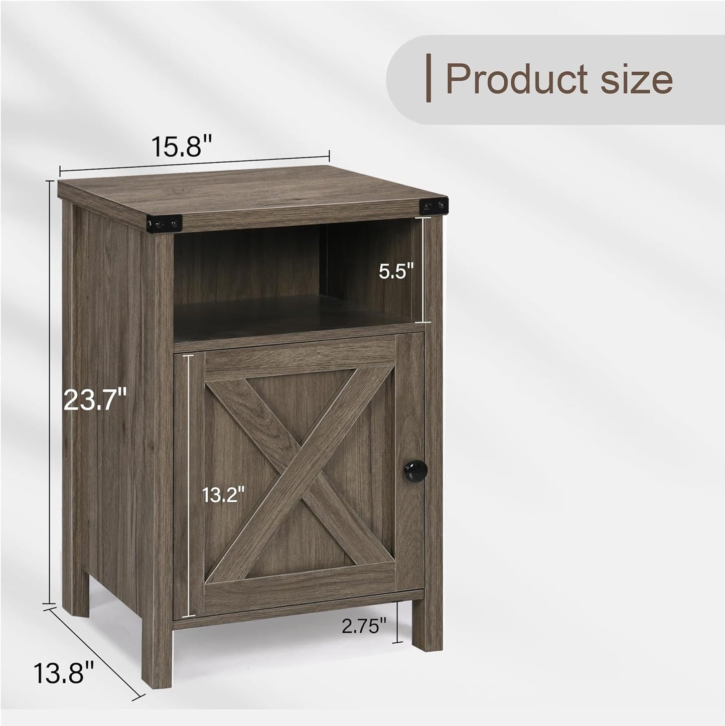 Rustic Nightstand Set of Two, Farmhouse End Tables with Barn Door and Shelf, Gray Wash Finish for Bedroom and Living Room