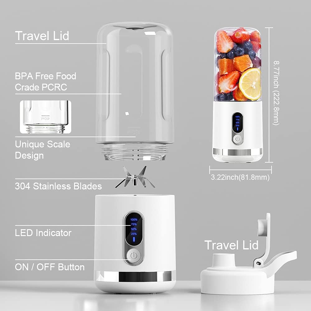 Portable USB Rechargeable Blender with Smart LCD Display - 15.2Oz Personal Size Mixer for Shakes and Smoothies, Ideal for Sports, Travel, Office, and Gym