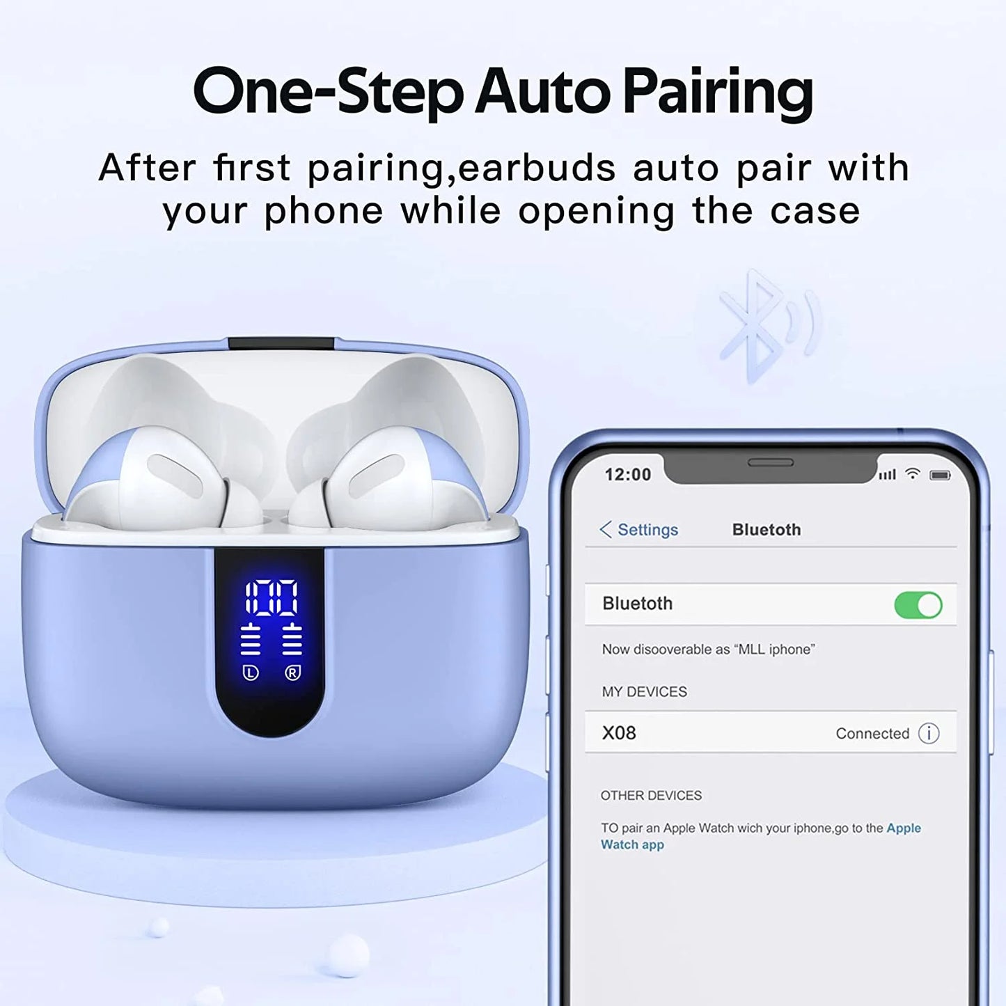 True Wireless Bluetooth Earbuds with 60 Hours Playback, LED Power Display, IPX5 Waterproof, Wireless Charging Case, and Built-in Microphone for TV, Smartphone, Laptop, and Sports