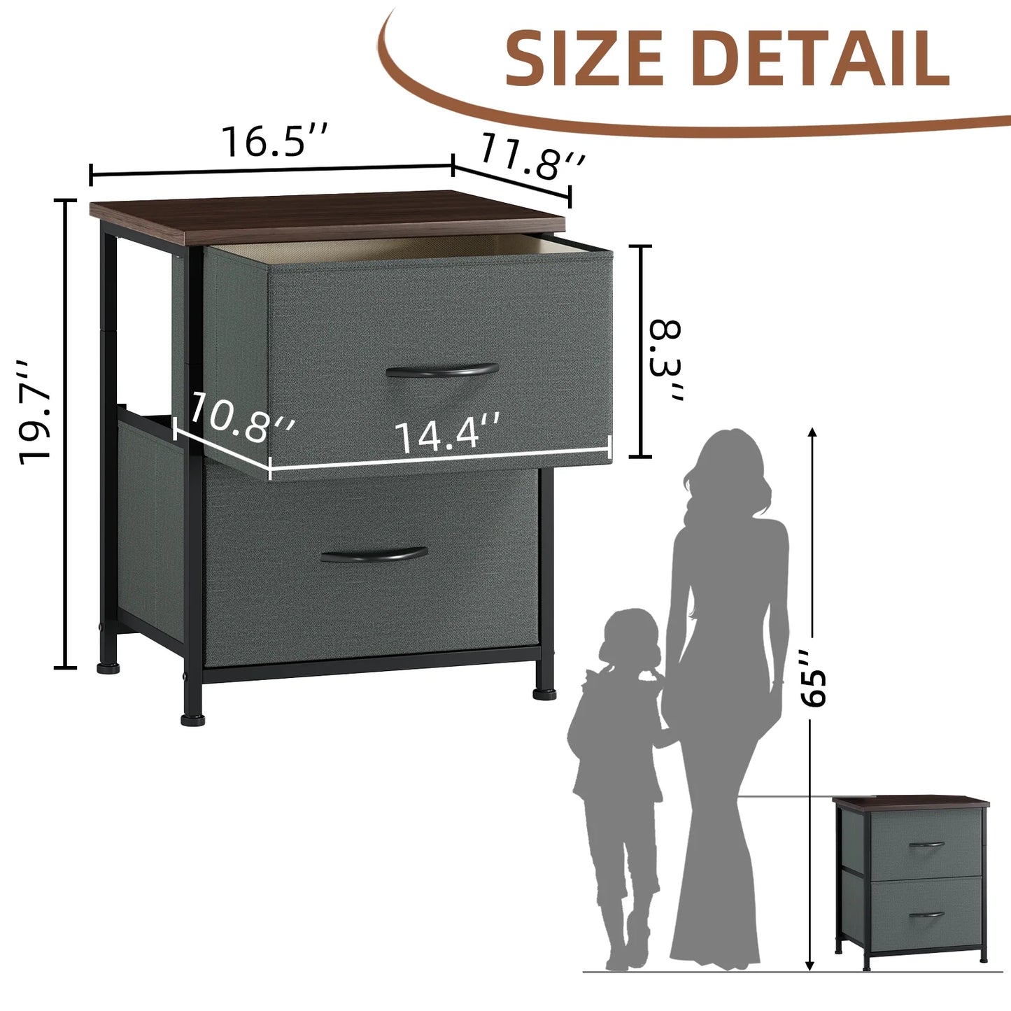 Charcoal Grey Nightstands - Set of 2 Small Bedside Tables for Bedroom and Closet