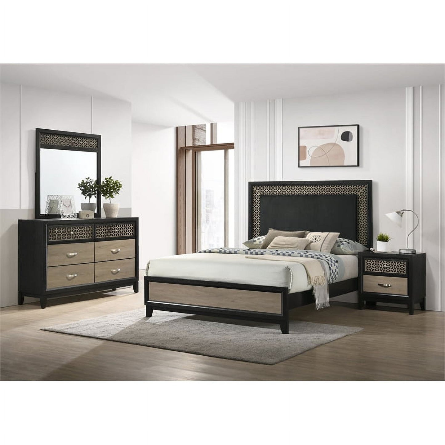 5-Piece Contemporary Wood Queen Bedroom Set in Light Brown and Gray