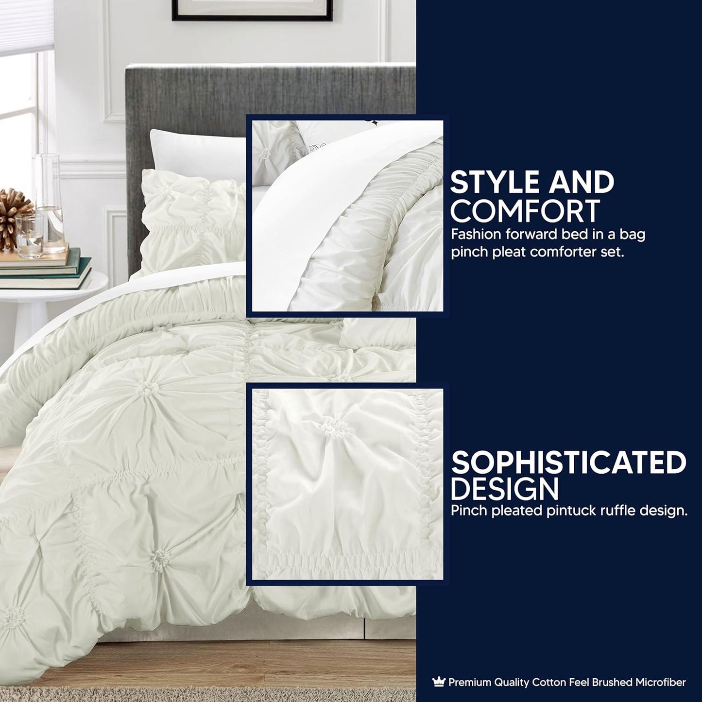 Halpert King Size 6-Piece White Bed in a Bag Comforter Set with Pintuck Pinch Pleat Microfiber Bedding, Including Shams, Bed Skirt, Flat & Fitted Sheets, Pillowcases, and Decorative Pillows