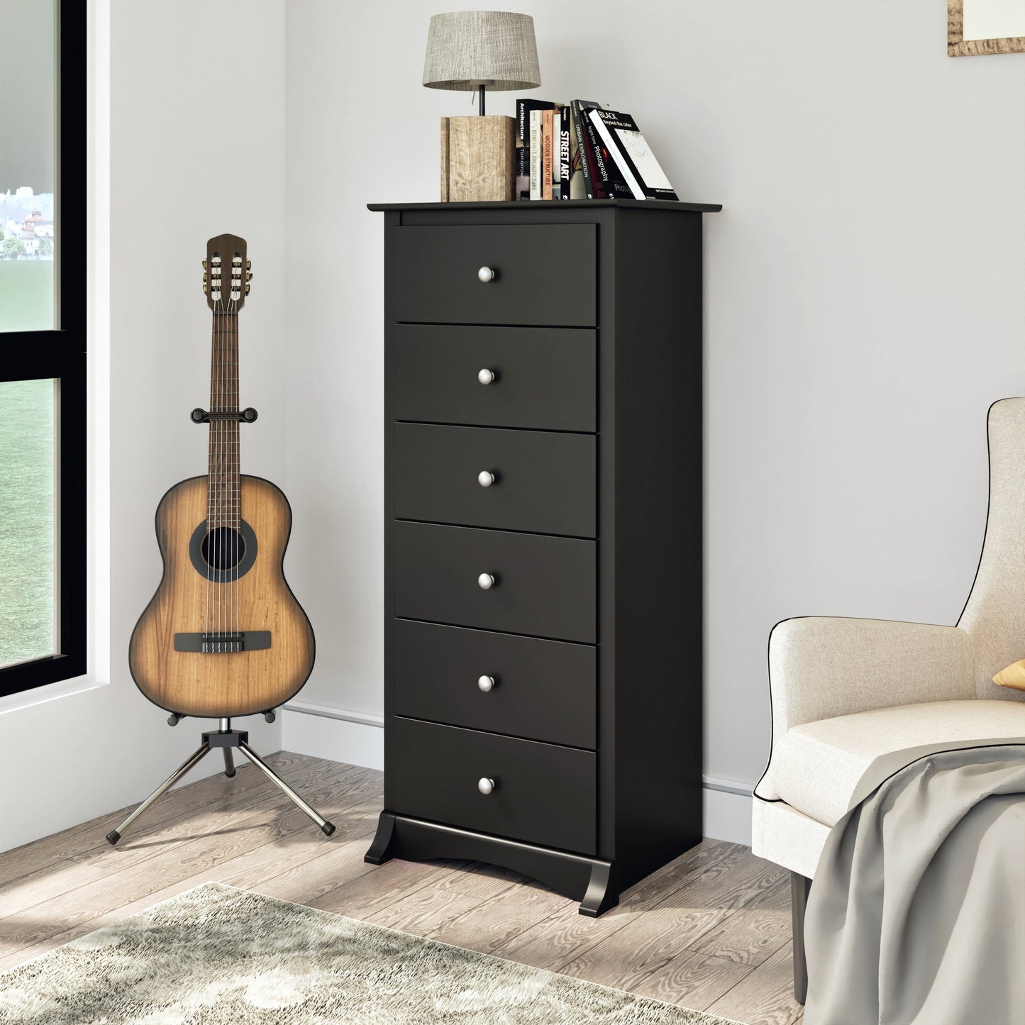 Sonoma 6-Drawer Wooden Dresser Chest, 19" x 23.25" x 52.75", Black Finish