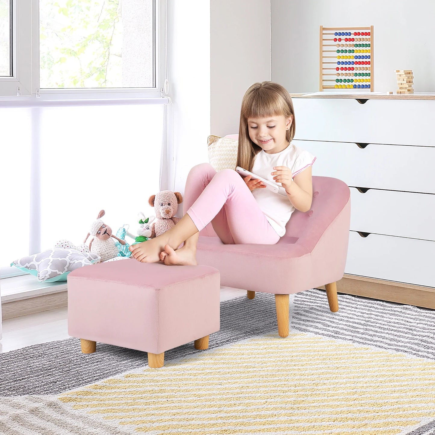 Kids Sofa Chair W/ Ottoman Velvet Upholstered Couch