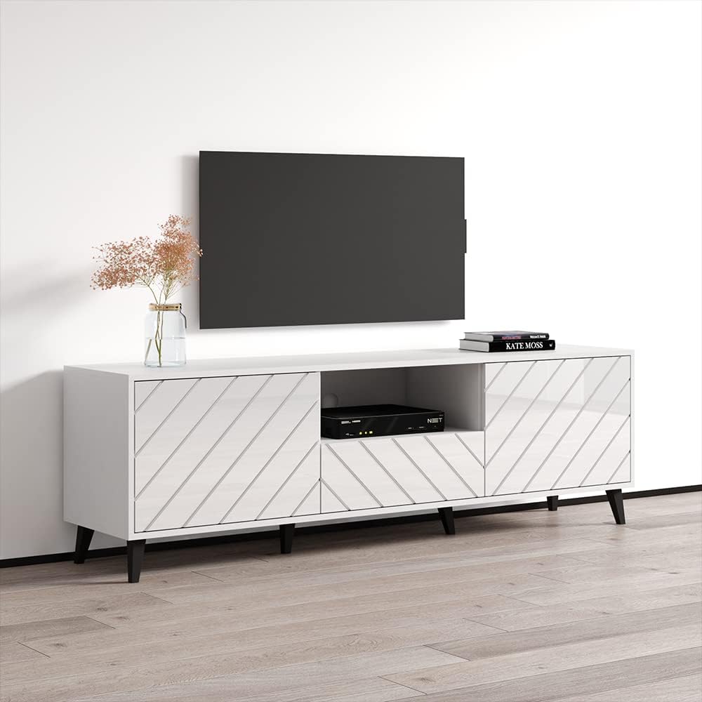 Paris High-Gloss Mid-Century Modern 71'' TV Stand with Storage for TVs up to 80" - White Media Center Console