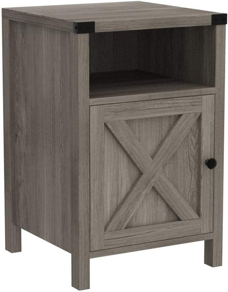 Set of 2 Rustic Gray Farmhouse Nightstands with Barn Door and Shelf for Bedroom and Living Room