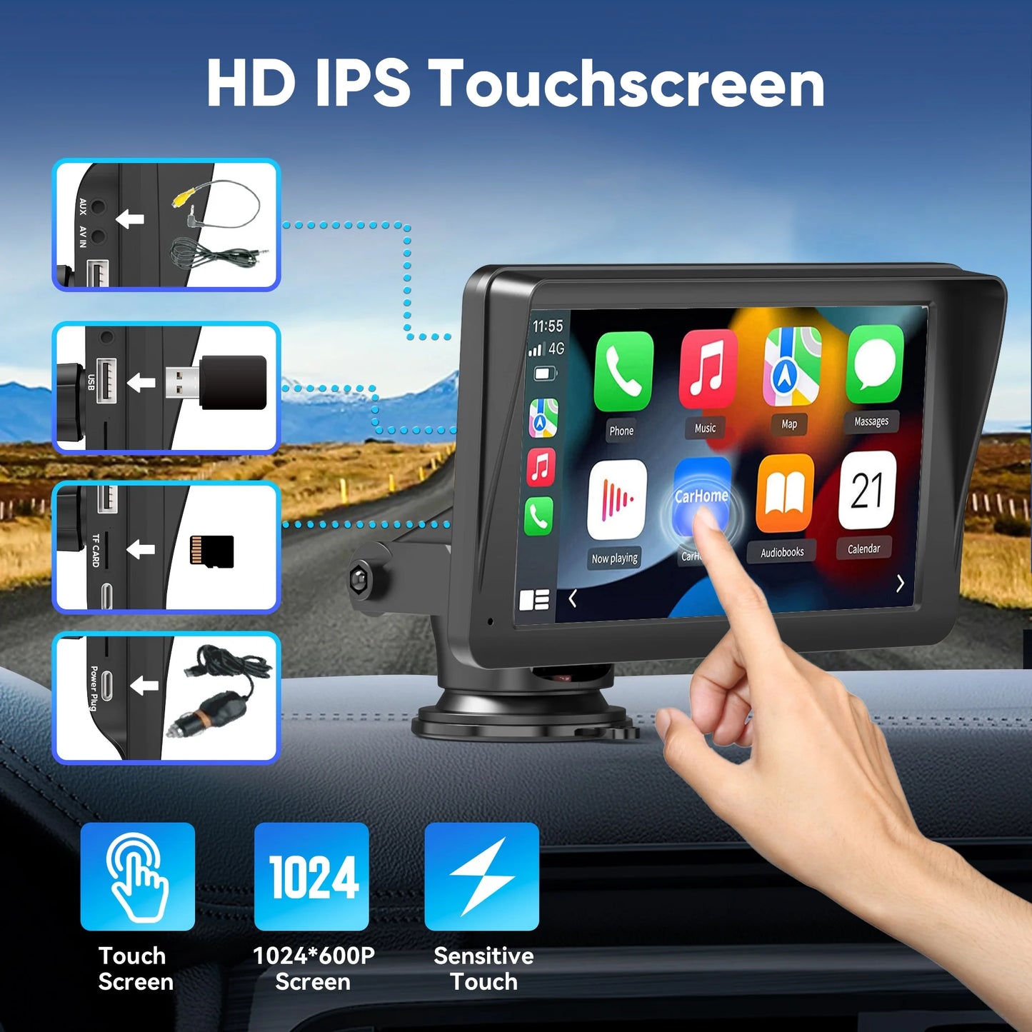Portable 7-Inch Wireless Apple CarPlay Car Stereo with 1080P Rear Camera for Universal Vehicle GPS