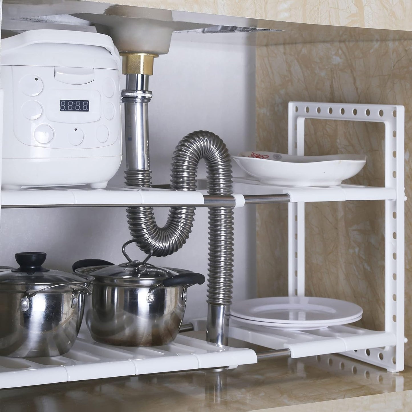 under Sink Expandable Shelf Organizer Rack, 2-Tier Adjustable Storage Shelves(Expands 15-3/8 to 26Inches, Grey)