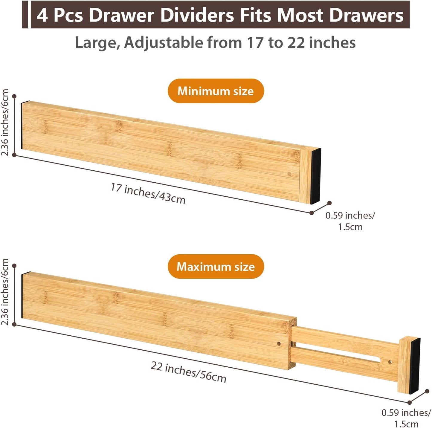Drawer Divider, 4 PCS Bamboo Drawer Dividers Organizers, Adjustable Drawer Divid