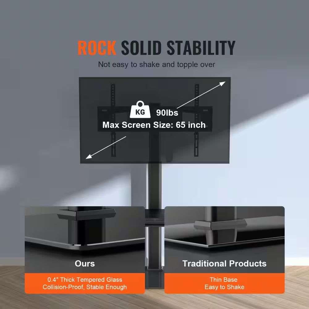 TV Stand Mount, Swivel Tall TV Stand for 32 In. to 65 In. Tvs, Height Adjustable Portable Floor TV Stand