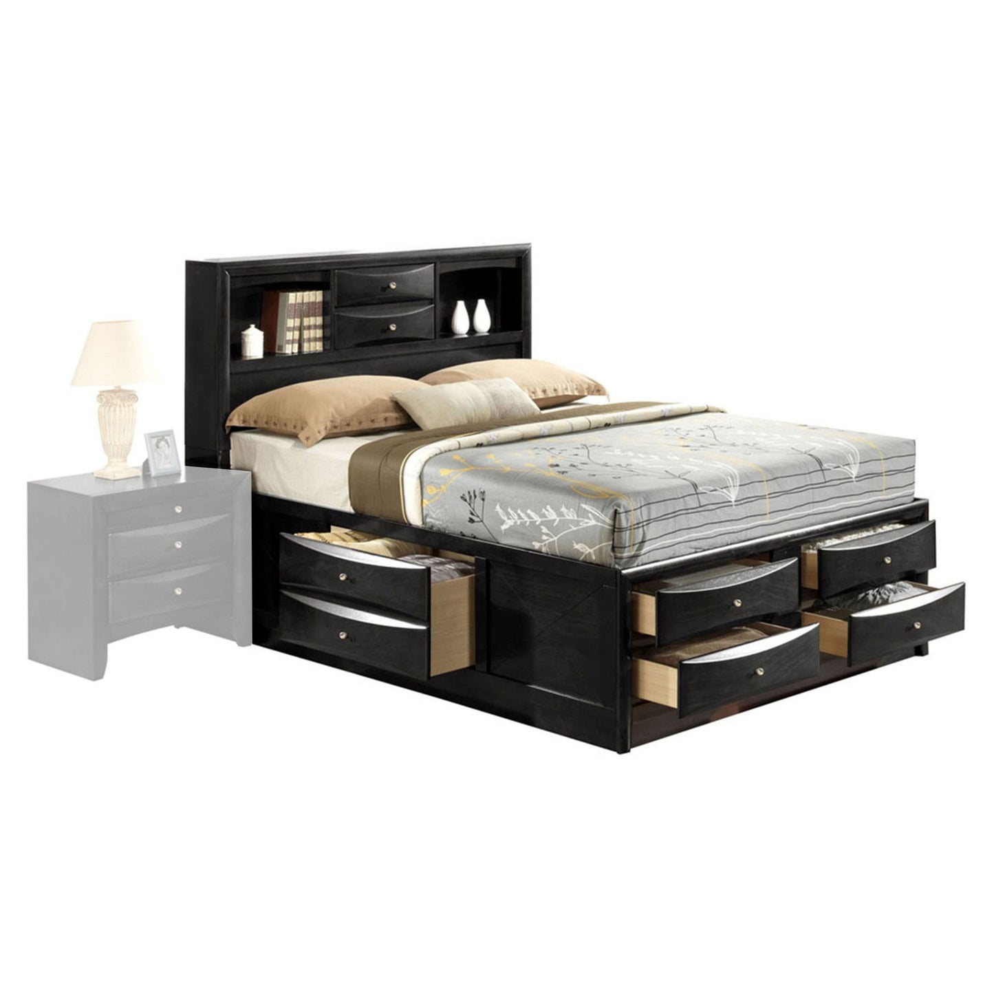 Ireland Full Bed with Storage in Black Rubberwood, Available in Multiple Sizes