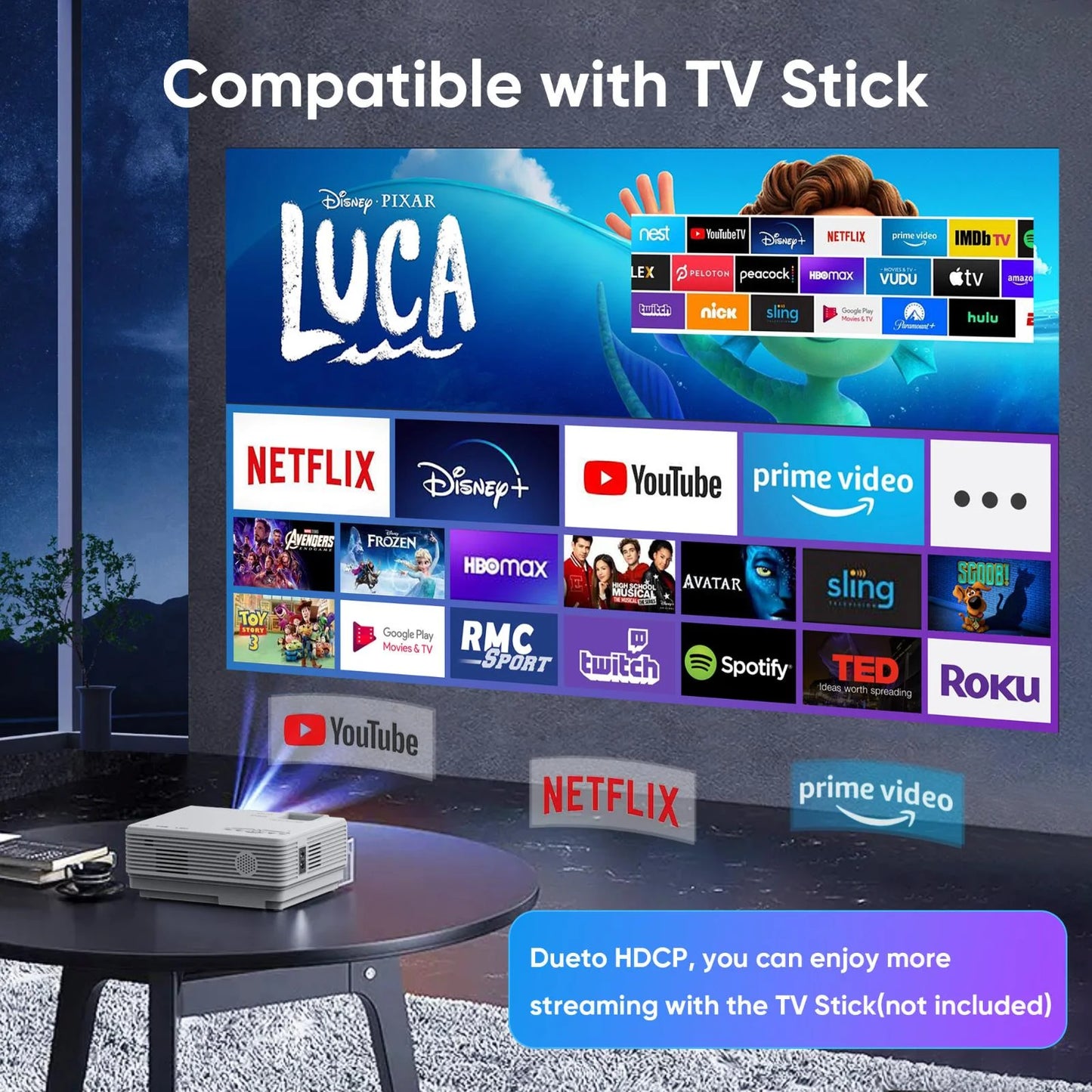 Mini Projector with Bluetooth 5.2 and Screen, 1080P HD Movie Projection, Supports Up to 200" Screen